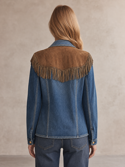 Pina&Noir | Retro Mavi Süet Püsküllü Panelli Kot Blazer