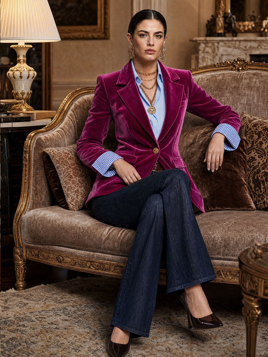 Pina&Noir | Şık Retro Çizgili Parça Birleşimli Fuşya Kadife Blazer