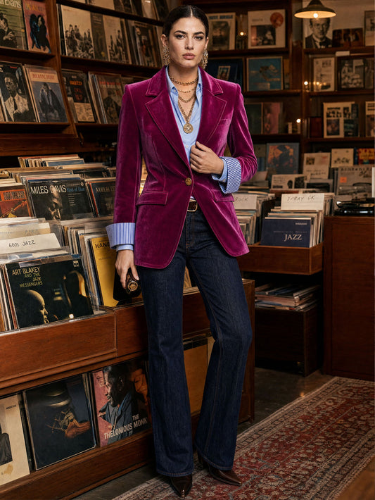 Pina&Noir | Şık Retro Çizgili Parça Birleşimli Fuşya Kadife Blazer