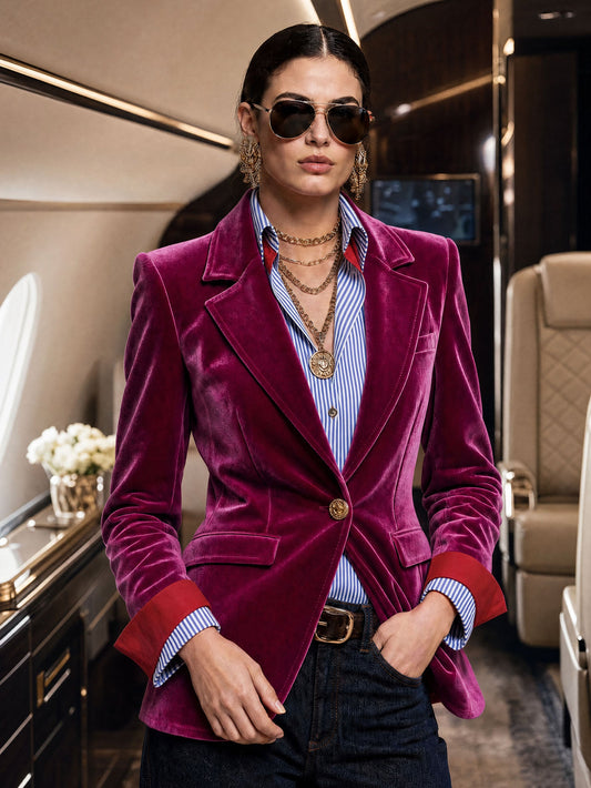 Pina&Noir | Şık Retro Çizgili Parça Birleşimli Fuşya Kadife Blazer