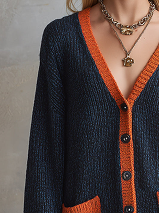 Pina&Noir | Retro Urban Renk Bloklu Biyeli Lacivert Tek Sıra Düğmeli Örgü Mini Elbise