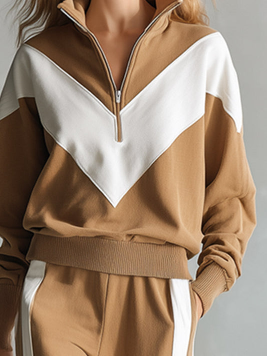 Pina&Noir | Kadın Günlük Renk Bloklu Yarım Fermuarlı Deve Tüyü Sweatshirt ve Bol Paça Pantolon Pamuklu Takımı