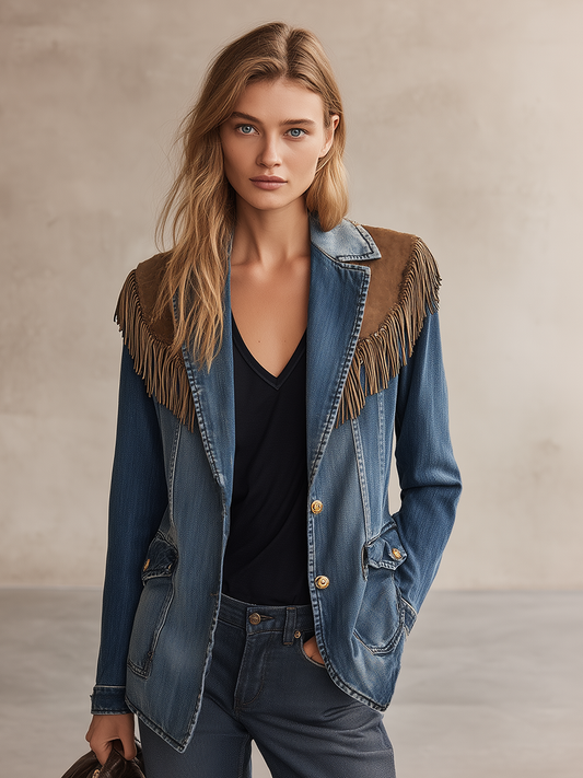 Pina&Noir | Retro Mavi Süet Püsküllü Panelli Kot Blazer