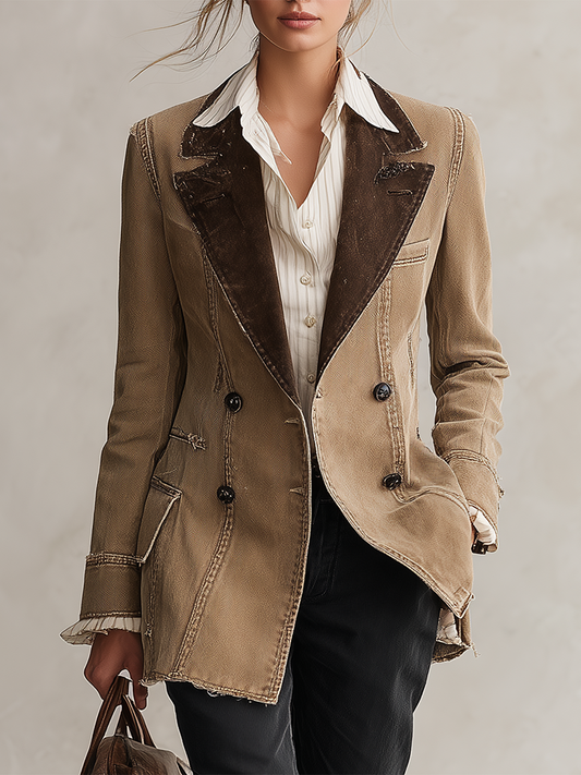 Pina&Noir | Amerikan Vintage Süet Kontrast Yaka Panelli Kot Blazer