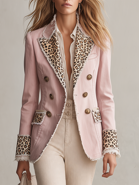 Pina&Noir | Hafif Lüks Leopar Panelli Ham Kenarlı Kot Blazer