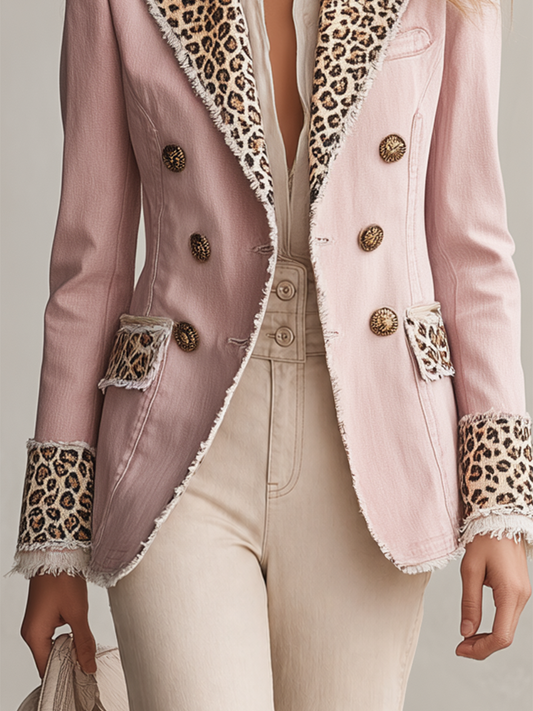 Pina&Noir | Hafif Lüks Leopar Panelli Ham Kenarlı Kot Blazer