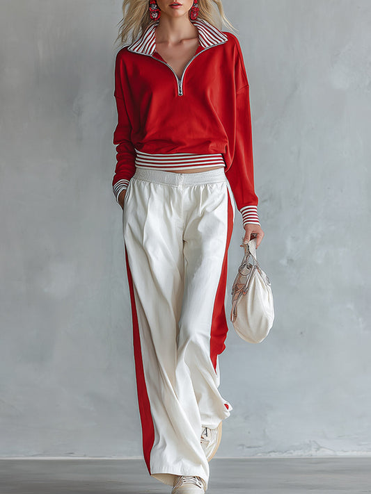 Pina&Noir | Şık Günlük Çizgili Detaylı Kırmızı Sweatshirt ve Beyaz Bol Paça Pantolon Spor Takımı