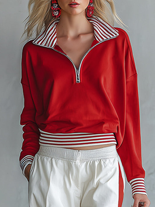 Pina&Noir | Şık Günlük Çizgili Detaylı Kırmızı Sweatshirt ve Beyaz Bol Paça Pantolon Spor Takımı