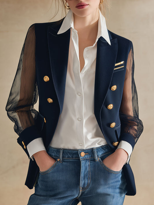 Pina&Noir | Sade ve Şık Lacivert Şifon Kollu Blazer
