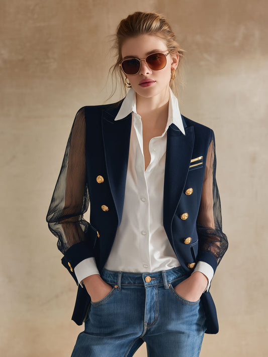 Pina&Noir | Sade ve Şık Lacivert Şifon Kollu Blazer