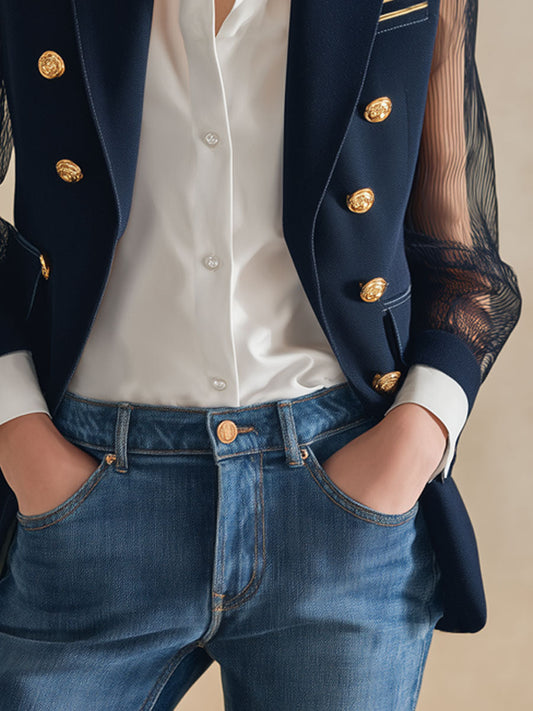 Pina&Noir | Sade ve Şık Lacivert Şifon Kollu Blazer