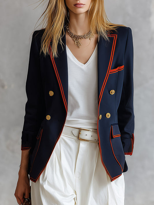 Pina&Noir | Günlük Retro Turuncu Biyeli Bol Kesim Lacivert Blazer