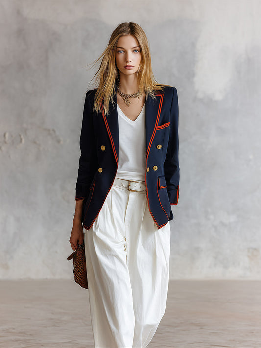 Pina&Noir | Günlük Retro Turuncu Biyeli Bol Kesim Lacivert Blazer