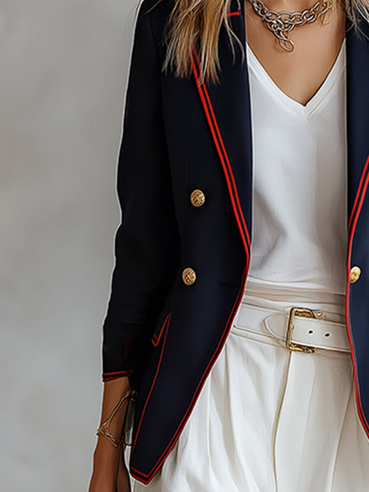 Pina&Noir | Günlük Retro Turuncu Biyeli Bol Kesim Lacivert Blazer