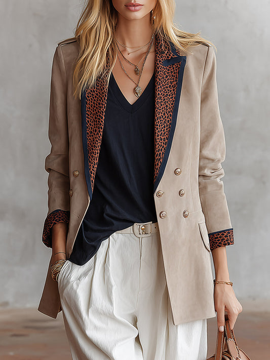 Pina&Noir | Günlük Retro Biyeli Süet Görünümlü Leopar Desenli Yakalı Blazer