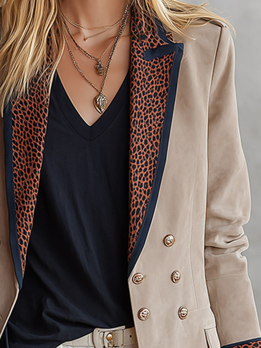 Pina&Noir | Günlük Retro Biyeli Süet Görünümlü Leopar Desenli Yakalı Blazer