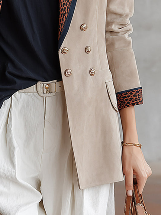 Pina&Noir | Günlük Retro Biyeli Süet Görünümlü Leopar Desenli Yakalı Blazer