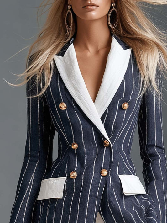 Pina&Noir | Sahil Esintili Lacivert İnce Çizgili Kontrast Yakalı Kruvaze Altın Düğmeli Vücuda Oturan Blazer