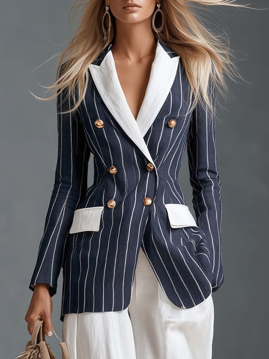 Pina&Noir | Sahil Esintili Lacivert İnce Çizgili Kontrast Yakalı Kruvaze Altın Düğmeli Vücuda Oturan Blazer