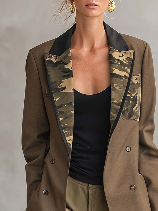 Pina&Noir | Askeri Haki Kamuflaj Yakalı Kruvaze Oversize Cepli Blazer
