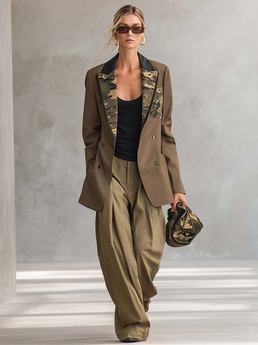 Pina&Noir | Askeri Haki Kamuflaj Yakalı Kruvaze Oversize Cepli Blazer