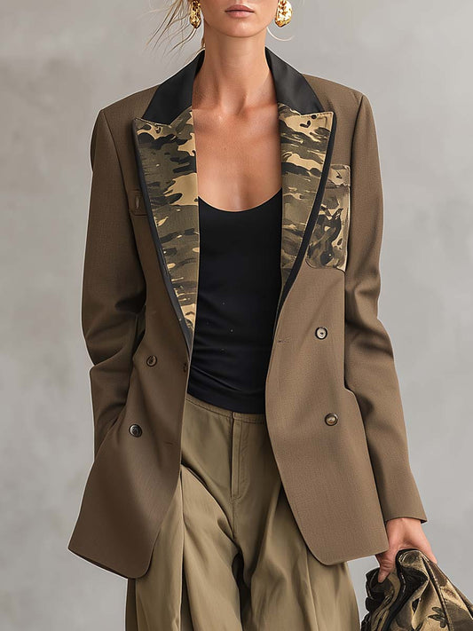 Pina&Noir | Askeri Haki Kamuflaj Yakalı Kruvaze Oversize Cepli Blazer