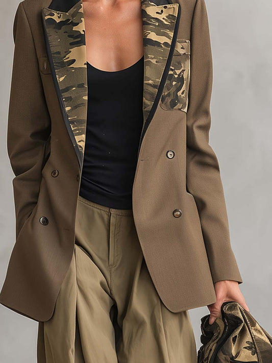 Pina&Noir | Askeri Haki Kamuflaj Yakalı Kruvaze Oversize Cepli Blazer