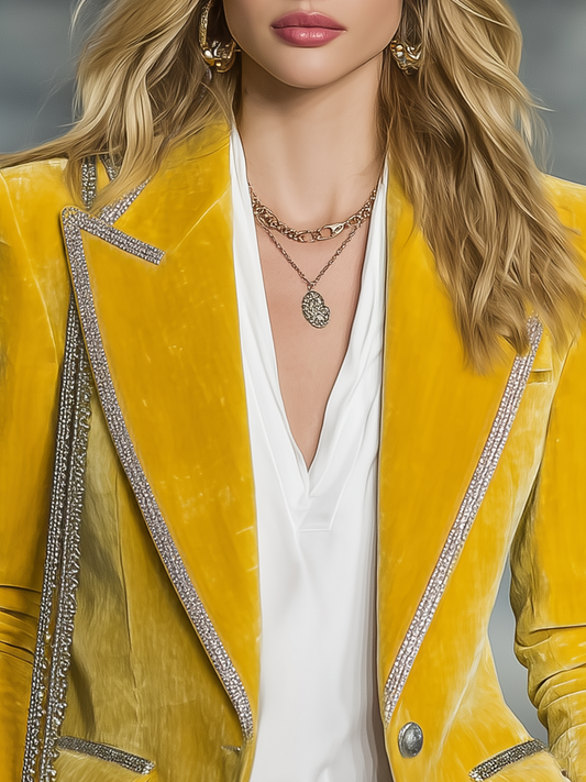 Pina&Noir | Vintage Gümüş Biyeli Çok Cepli Kadife Blazer