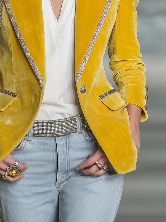 Pina&Noir | Vintage Gümüş Biyeli Çok Cepli Kadife Blazer