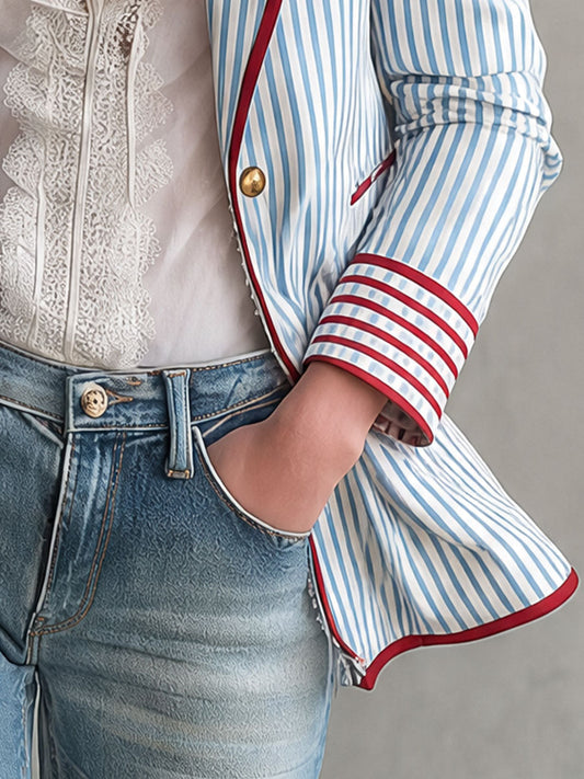 Pina&Noir | Retro Mavi Çizgili Renk Bloklu Pamuklu Blazer