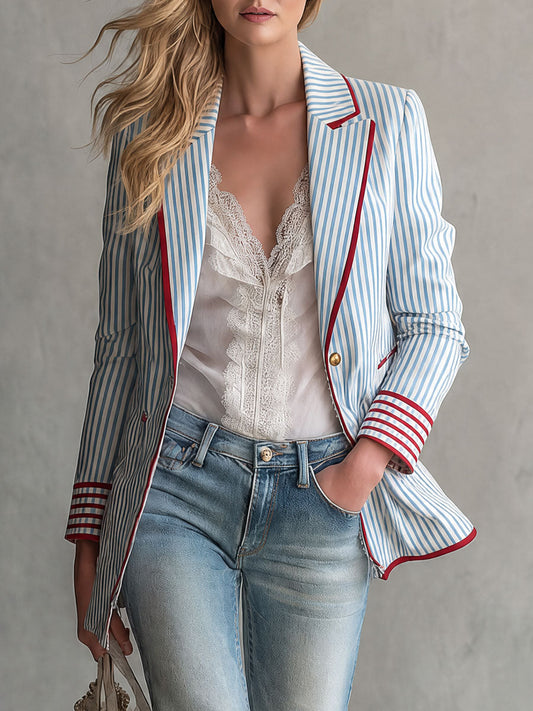 Pina&Noir | Retro Mavi Çizgili Renk Bloklu Pamuklu Blazer