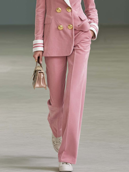 Pina&Noir | Preppy Pembe Fitilli Kadife Kruvaze Blazer ve Bol Paça Pantolon Takım Elbise
