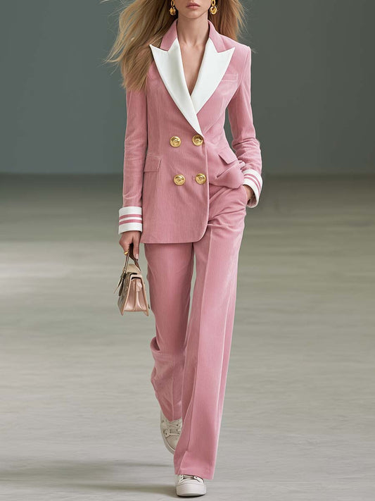 Pina&Noir | Preppy Pembe Fitilli Kadife Kruvaze Blazer ve Bol Paça Pantolon Takım Elbise