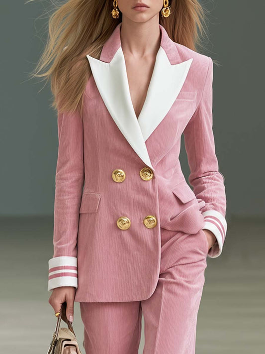 Pina&Noir | Preppy Pembe Fitilli Kadife Kruvaze Blazer ve Bol Paça Pantolon Takım Elbise