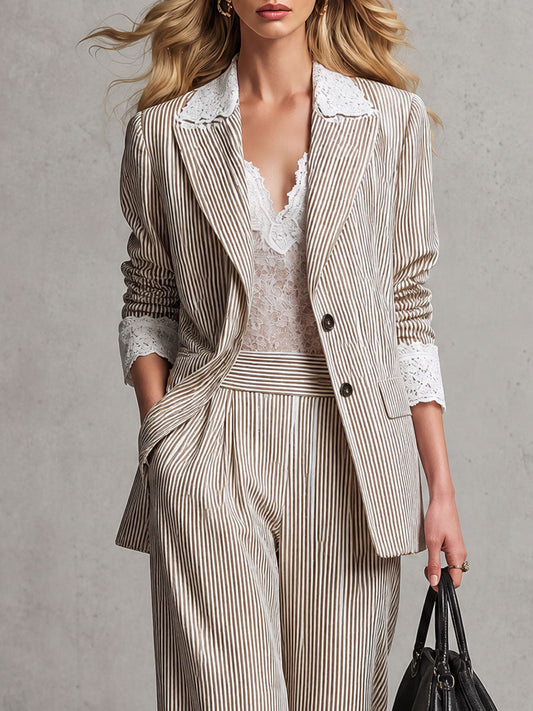 Pina&Noir | Vintage Dantelli Kahverengi Çizgili Pamuk-Keten Blazer