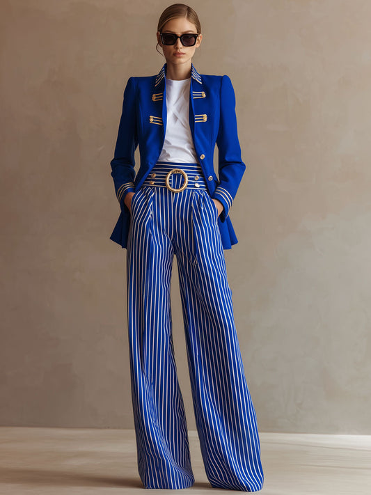 Pina&Noir | Retro Şık Vücuda Oturan Altın Kurdele Detaylı Saks Mavisi Blazer