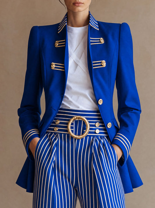 Pina&Noir | Retro Şık Vücuda Oturan Altın Kurdele Detaylı Saks Mavisi Blazer