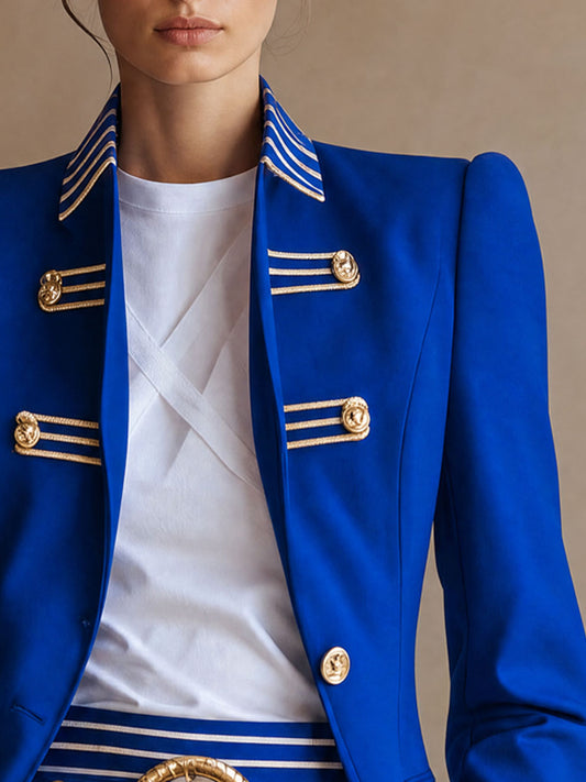 Pina&Noir | Retro Şık Vücuda Oturan Altın Kurdele Detaylı Saks Mavisi Blazer