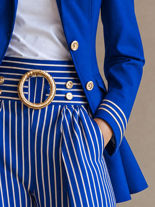 Pina&Noir | Retro Şık Vücuda Oturan Altın Kurdele Detaylı Saks Mavisi Blazer