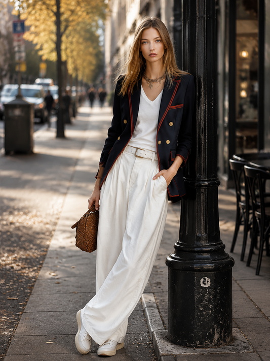 Pina&Noir | Günlük Retro Turuncu Biyeli Bol Kesim Lacivert Blazer
