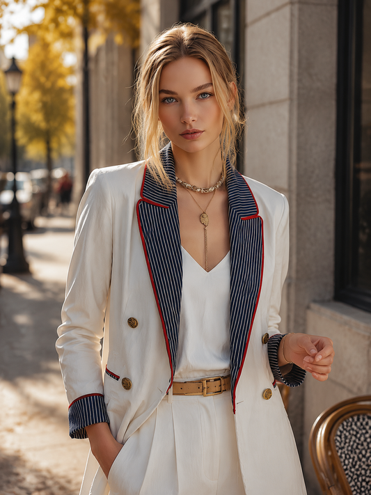 Pina&Noir | Şık Günlük Beyaz Çizgili Yakalı Blazer
