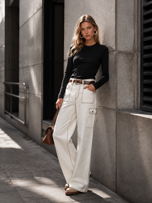 Pina&Noir | Klasik Kontrast Dikişli Kırık Beyaz Utility Cepli Bol Paça Kot Pantolon
