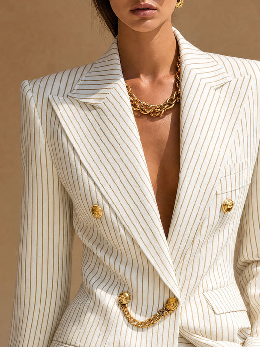 Pina&Noir | Retro Şık Bej Çizgili Kruvaze Blazer