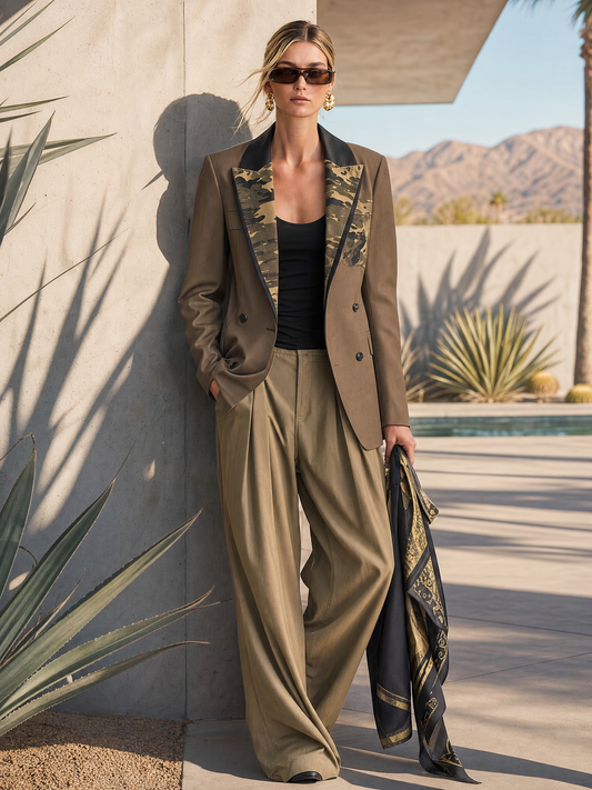 Pina&Noir | Askeri Haki Kamuflaj Yakalı Kruvaze Oversize Cepli Blazer