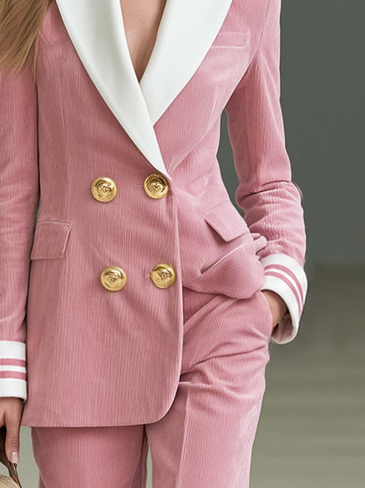 Pina&Noir | Preppy Pembe Fitilli Kadife Sivri Yakalı Kruvaze Altın Düğmeli Vücuda Oturan Blazer