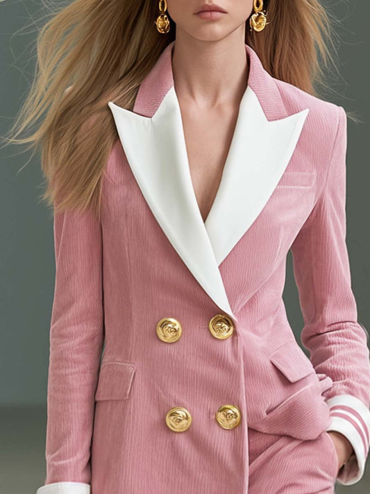Pina&Noir | Preppy Pembe Fitilli Kadife Sivri Yakalı Kruvaze Altın Düğmeli Vücuda Oturan Blazer