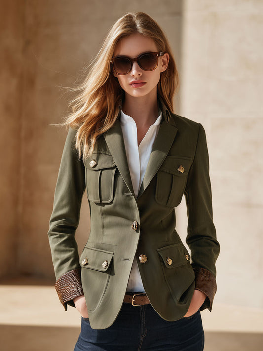 Pina&Noir | Günlük Retro Yılan Desenli Kollu Çok Cepli Zeytin Yeşili Blazer