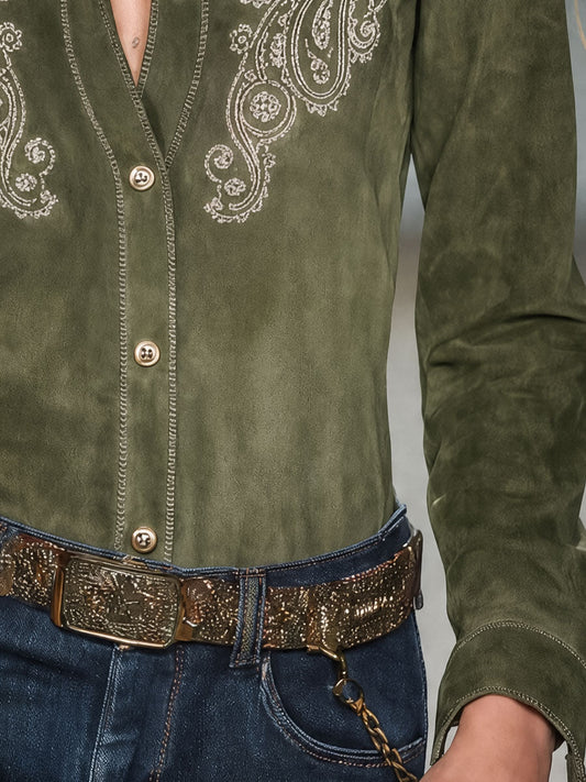 Pina&Noir | Vintage Paisley Nakışlı Zeytin Yeşili Süet Görünümlü Gömlek