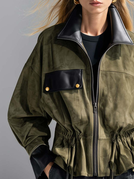 Pina&Noir | Zeytin Süet Görünümlü Deri Biyeli Fermuarlı Büzgülü Bel Oversize Utility Ceket