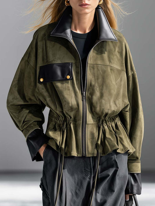 Pina&Noir | Zeytin Süet Görünümlü Deri Biyeli Fermuarlı Büzgülü Bel Oversize Utility Ceket